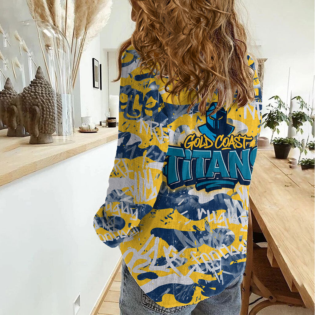 Gold Coast Titans Rugby Women Casual Shirt Graffiti Typography Urban Camo Abstract Street Style