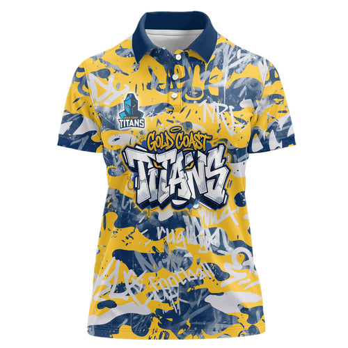 Gold Coast Titans Rugby Women Polo Shirt Graffiti Typography Urban Camo Abstract Street Style