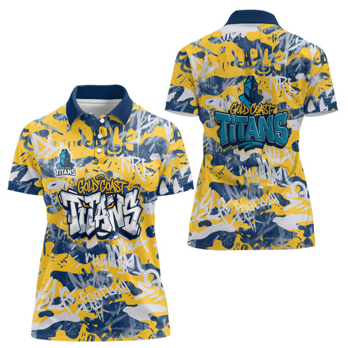 Gold Coast Titans Rugby Women Polo Shirt Graffiti Typography Urban Camo Abstract Street Style