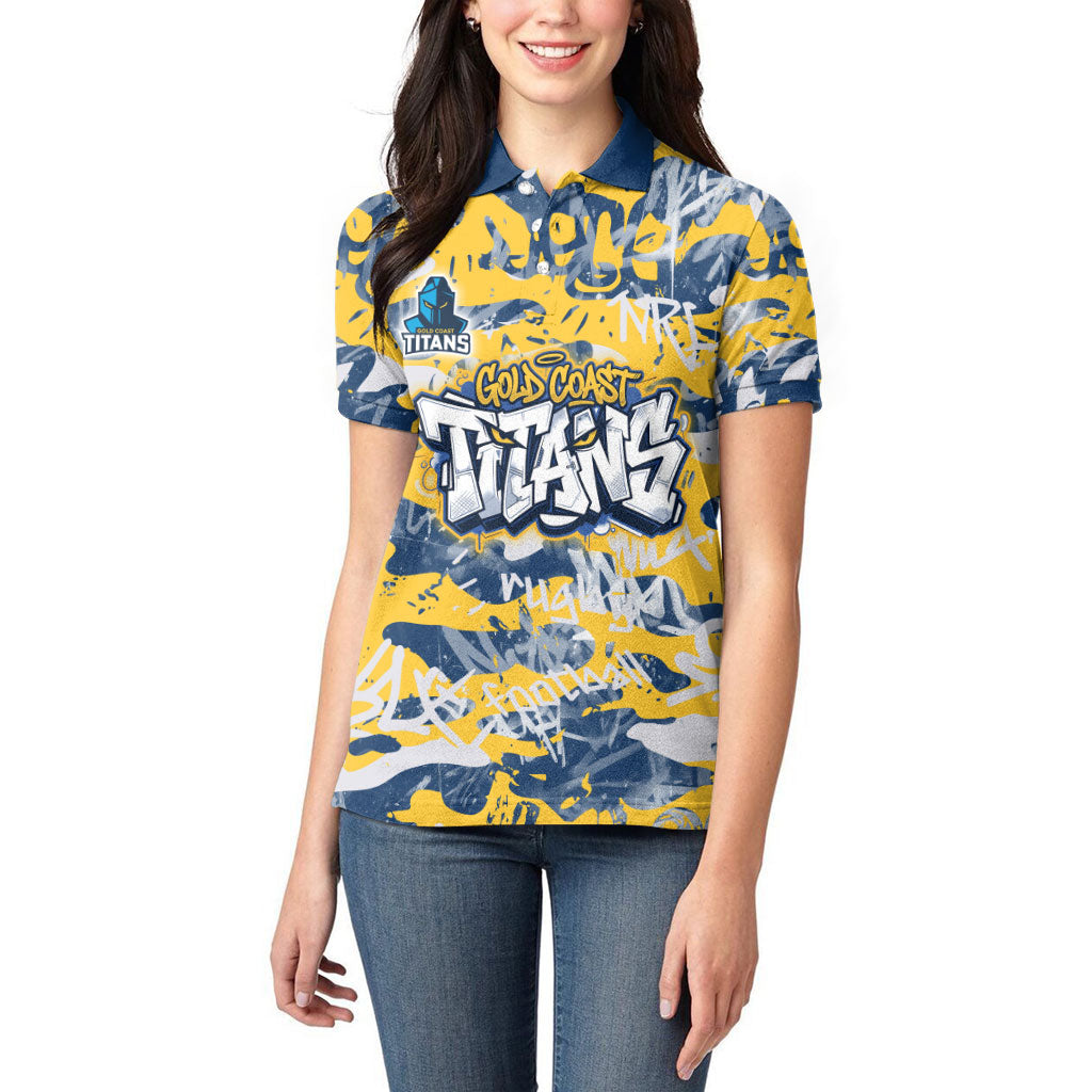 Gold Coast Titans Rugby Women Polo Shirt Graffiti Typography Urban Camo Abstract Street Style