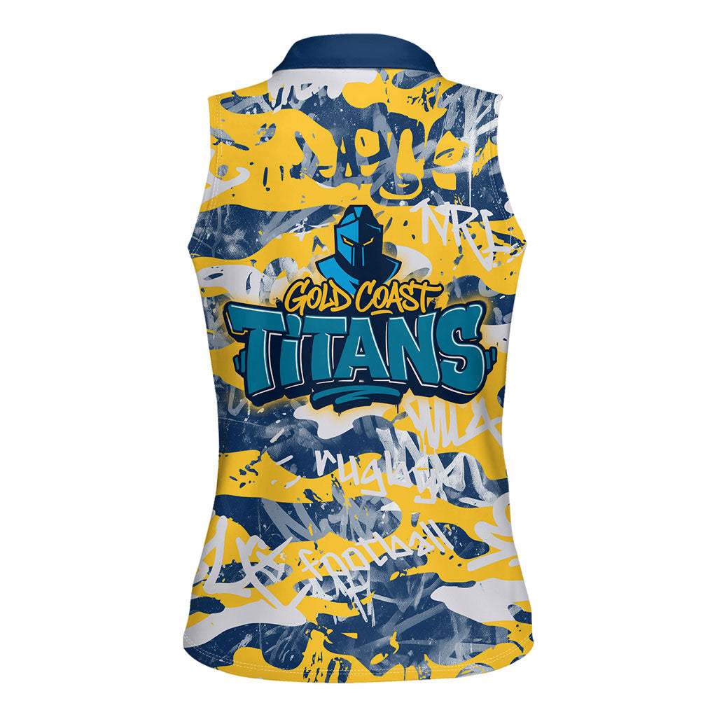 Gold Coast Titans Rugby Women Sleeveless Polo Shirt Graffiti Typography Urban Camo Abstract Street Style