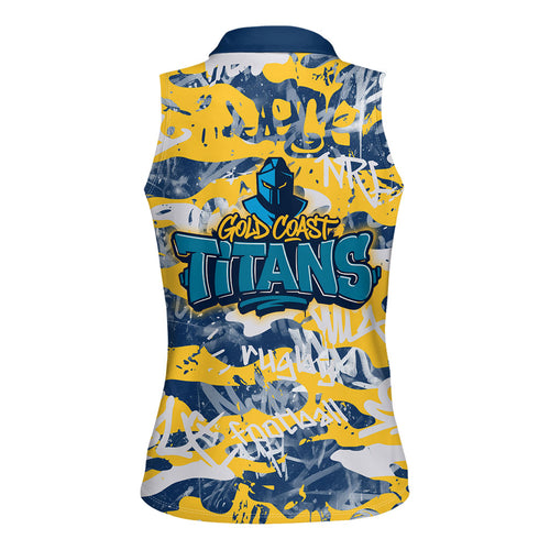 Gold Coast Titans Rugby Women Sleeveless Polo Shirt Graffiti Typography Urban Camo Abstract Street Style