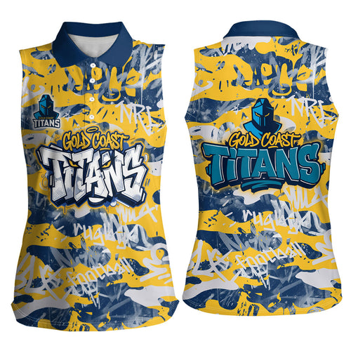 Gold Coast Titans Rugby Women Sleeveless Polo Shirt Graffiti Typography Urban Camo Abstract Street Style