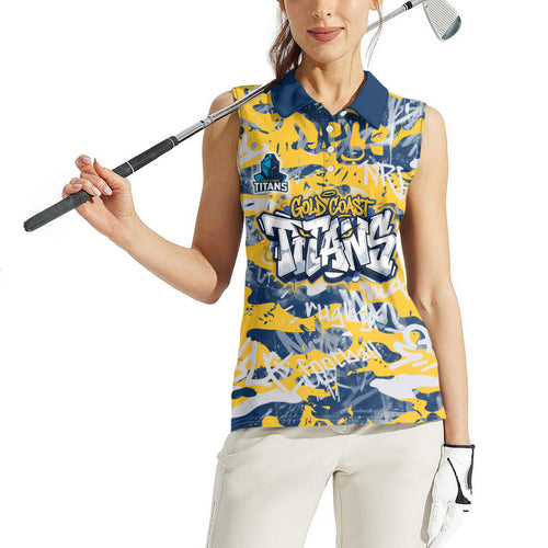 Gold Coast Titans Rugby Women Sleeveless Polo Shirt Graffiti Typography Urban Camo Abstract Street Style