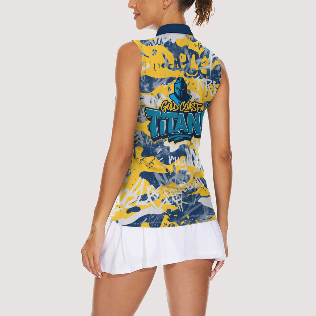 Gold Coast Titans Rugby Women Sleeveless Polo Shirt Graffiti Typography Urban Camo Abstract Street Style
