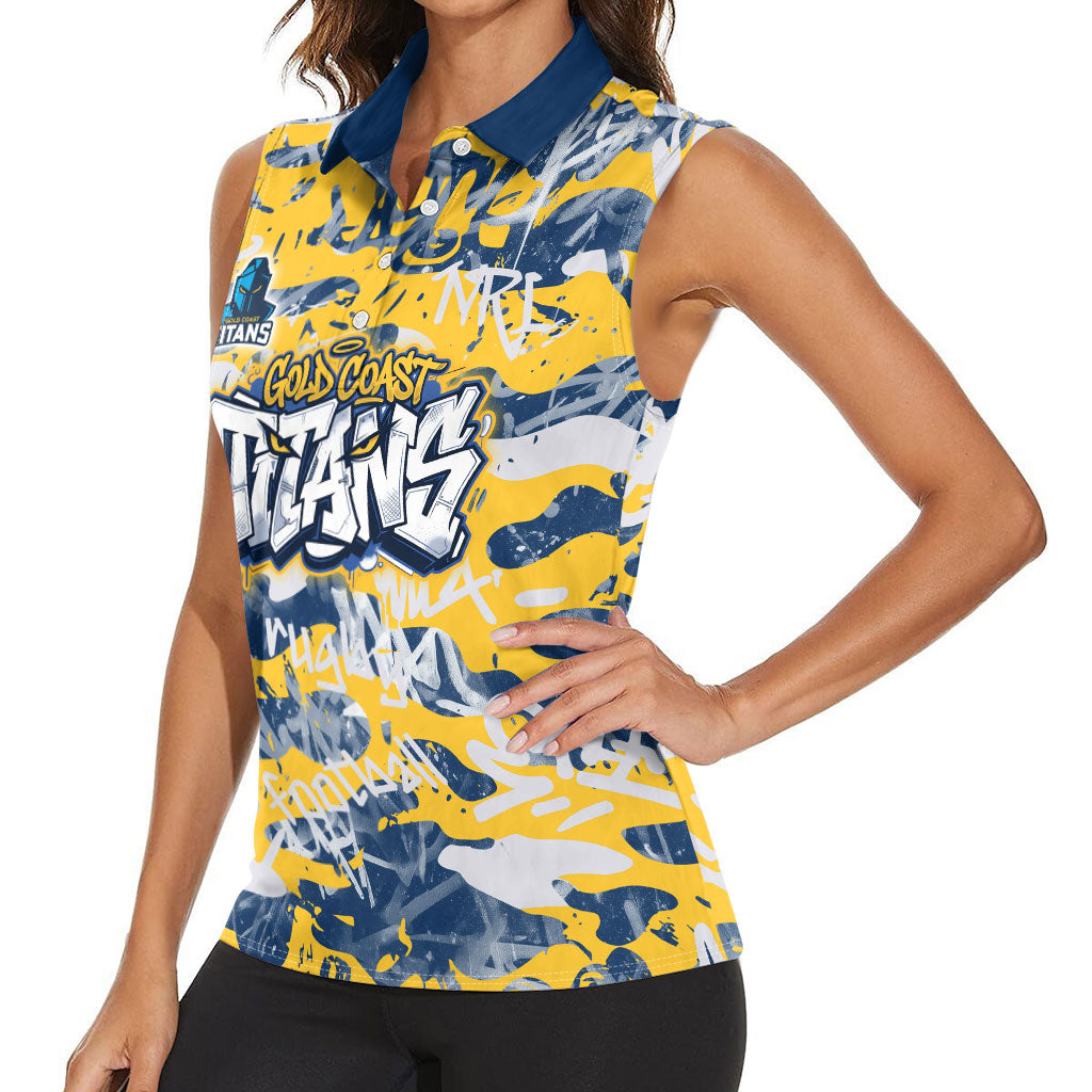 Gold Coast Titans Rugby Women Sleeveless Polo Shirt Graffiti Typography Urban Camo Abstract Street Style