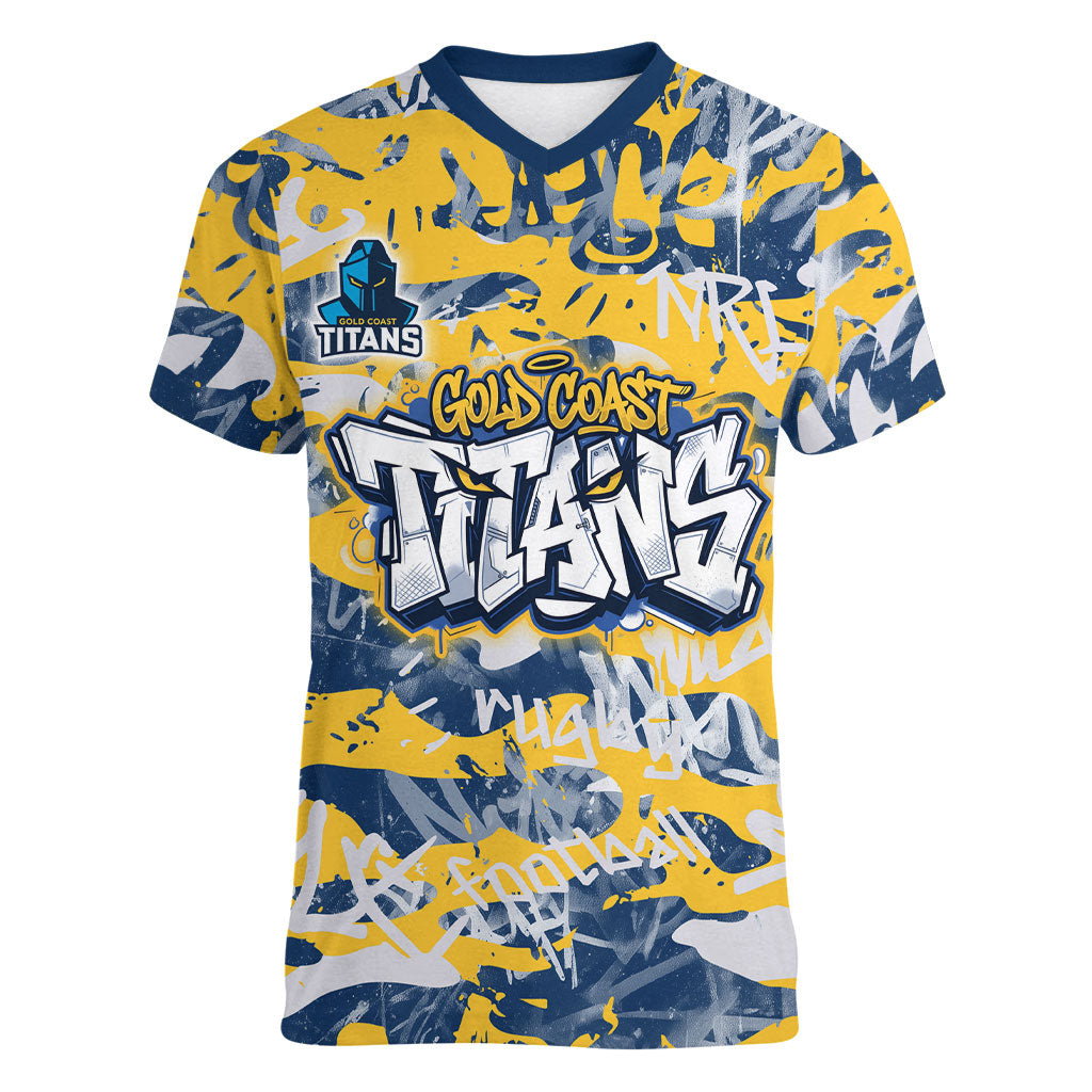 Gold Coast Titans Rugby Women V-Neck T-Shirt Graffiti Typography Urban Camo Abstract Street Style