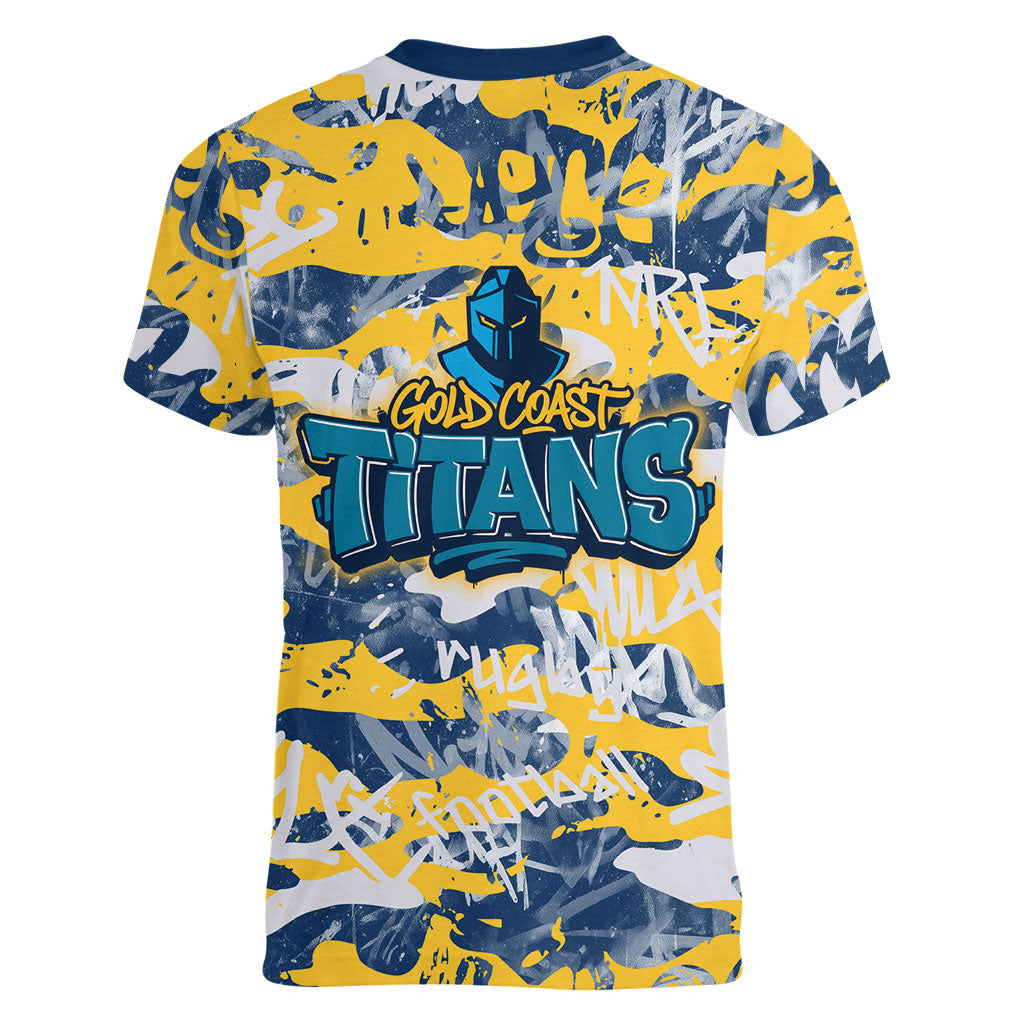Gold Coast Titans Rugby Women V-Neck T-Shirt Graffiti Typography Urban Camo Abstract Street Style
