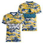 Gold Coast Titans Rugby Women V-Neck T-Shirt Graffiti Typography Urban Camo Abstract Street Style