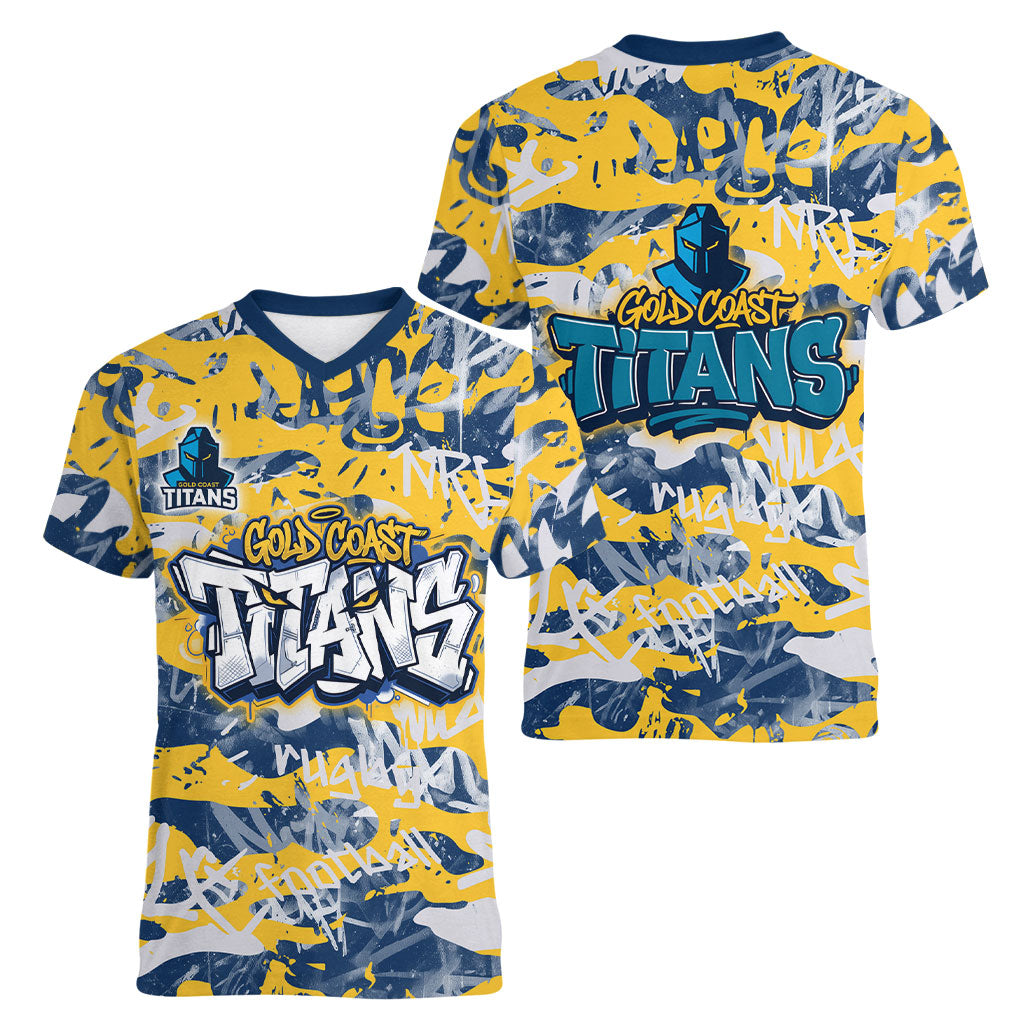 Gold Coast Titans Rugby Women V-Neck T-Shirt Graffiti Typography Urban Camo Abstract Street Style