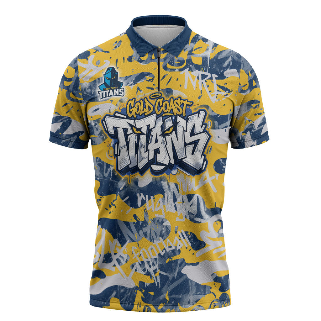 Gold Coast Titans Rugby Zipper Polo Shirt Graffiti Typography Urban Camo Abstract Street Style