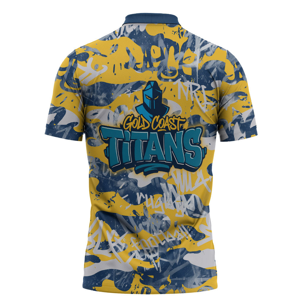 Gold Coast Titans Rugby Zipper Polo Shirt Graffiti Typography Urban Camo Abstract Street Style
