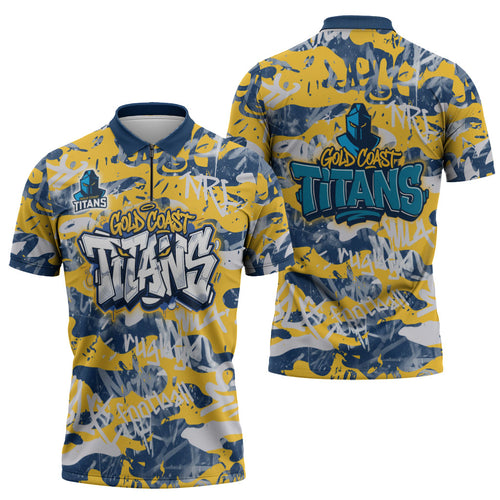 Gold Coast Titans Rugby Zipper Polo Shirt Graffiti Typography Urban Camo Abstract Street Style