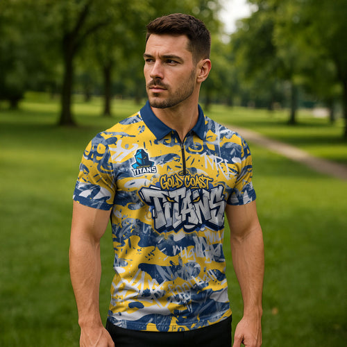 Gold Coast Titans Rugby Zipper Polo Shirt Graffiti Typography Urban Camo Abstract Street Style