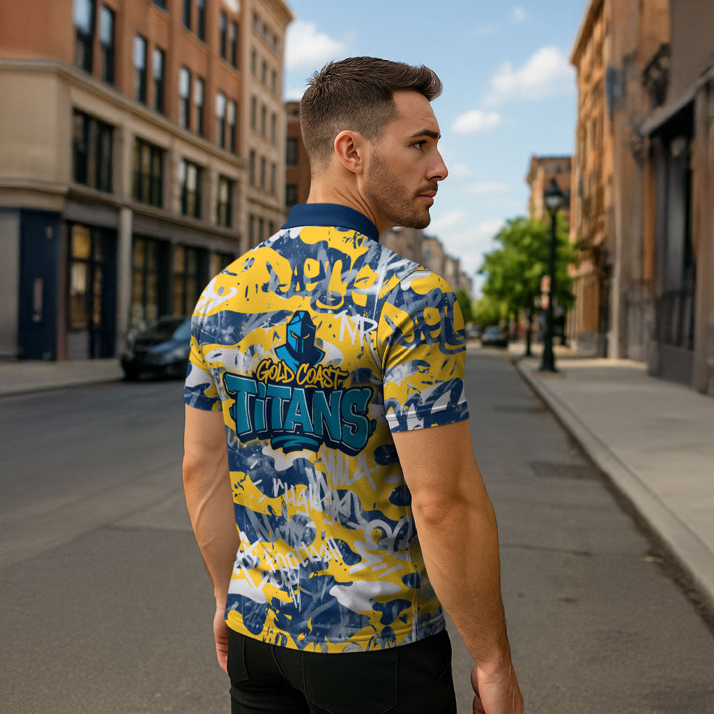 Gold Coast Titans Rugby Zipper Polo Shirt Graffiti Typography Urban Camo Abstract Street Style
