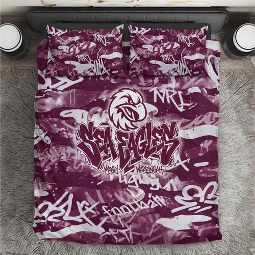 Manly Warringah Sea Eagles Rugby Bedding Set Graffiti Typography Urban Camo Abstract Street Style