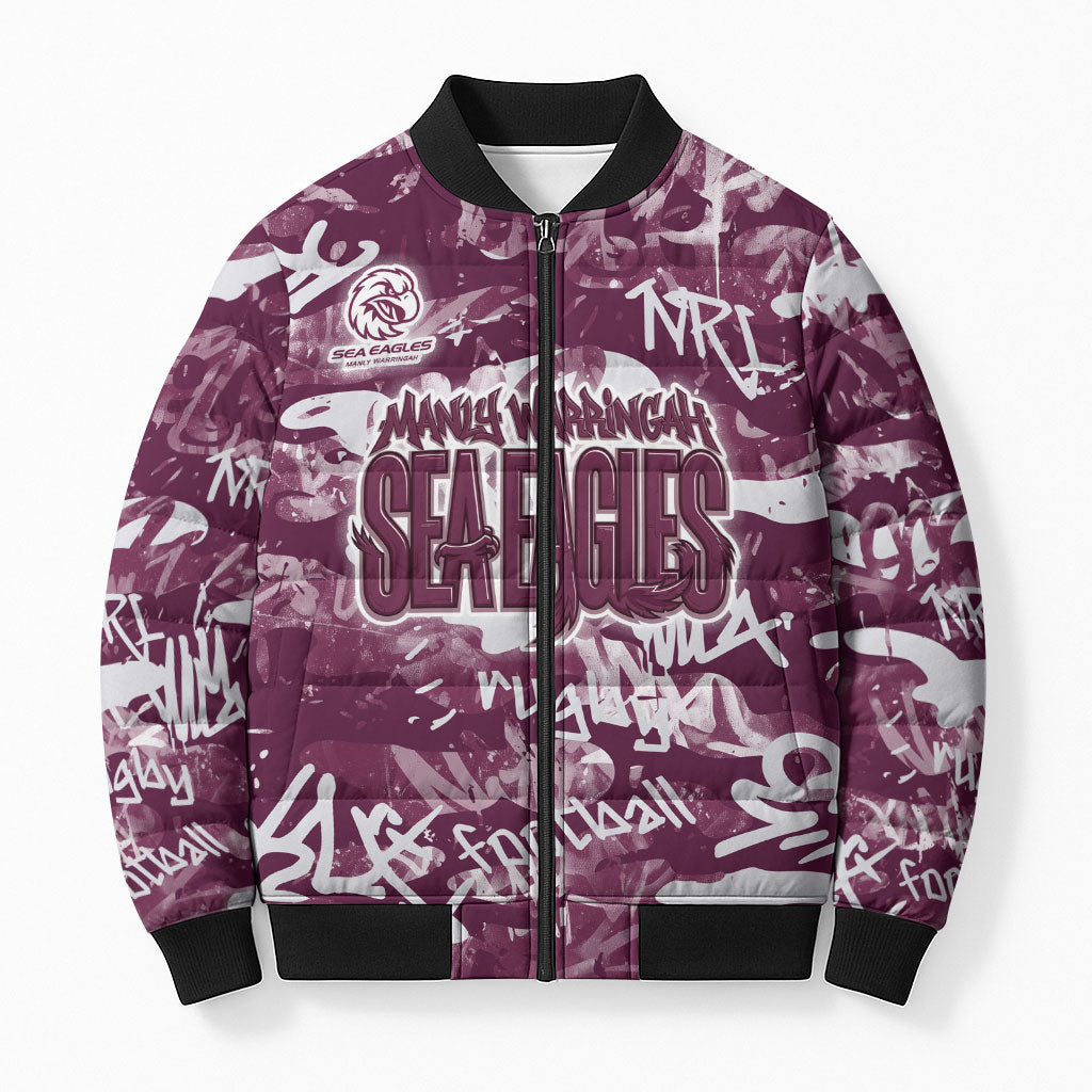 Manly Warringah Sea Eagles Rugby Bomber Puffer Jacket Graffiti Typography Urban Camo Abstract Street Style