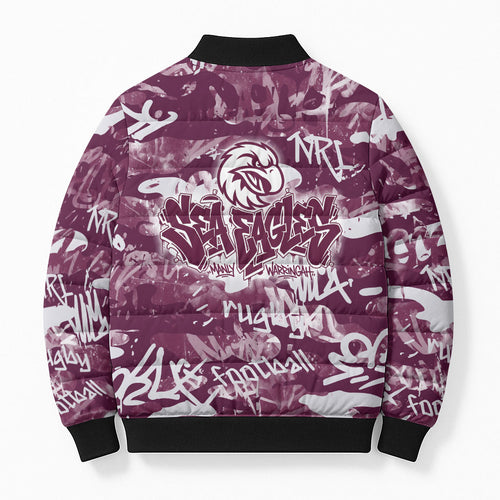 Manly Warringah Sea Eagles Rugby Bomber Puffer Jacket Graffiti Typography Urban Camo Abstract Street Style