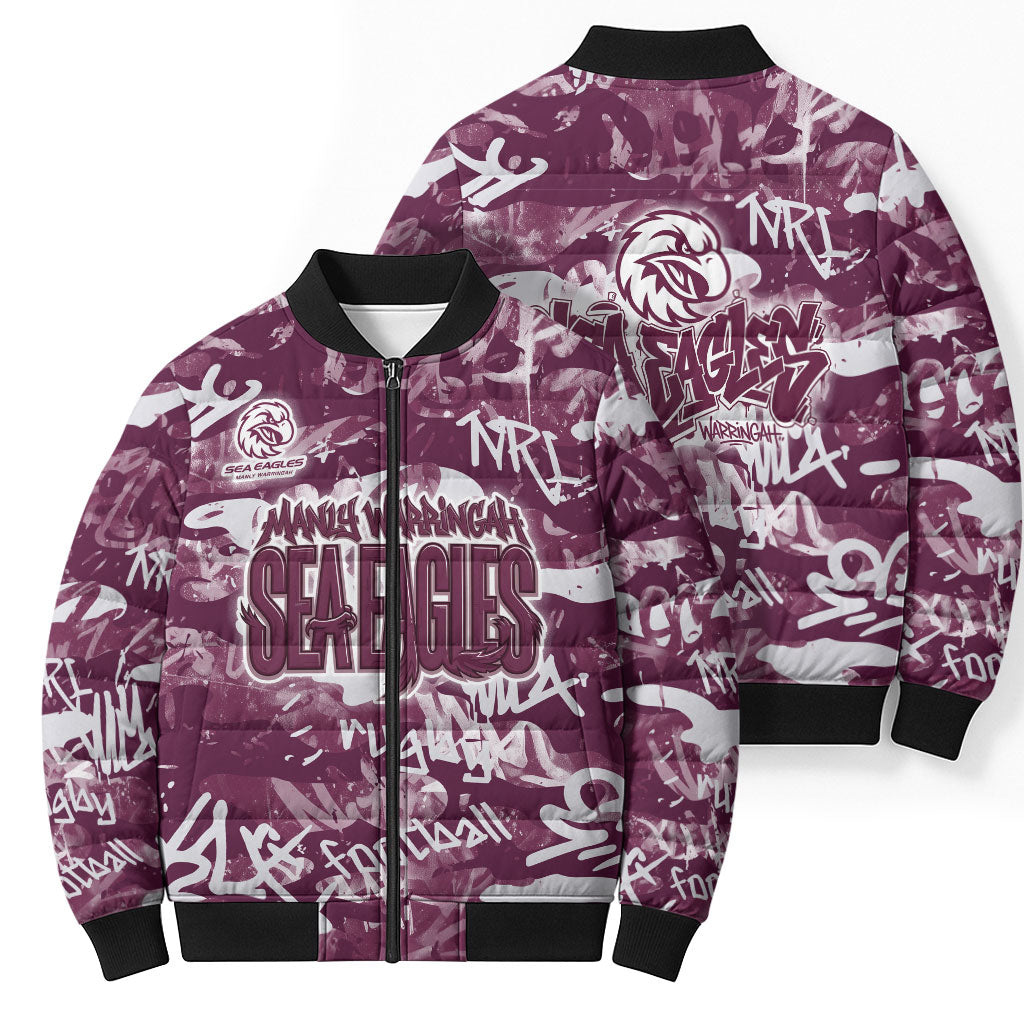Manly Warringah Sea Eagles Rugby Bomber Puffer Jacket Graffiti Typography Urban Camo Abstract Street Style