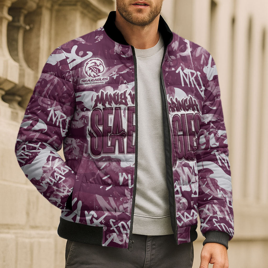 Manly Warringah Sea Eagles Rugby Bomber Puffer Jacket Graffiti Typography Urban Camo Abstract Street Style