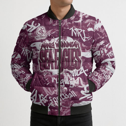 Manly Warringah Sea Eagles Rugby Bomber Puffer Jacket Graffiti Typography Urban Camo Abstract Street Style