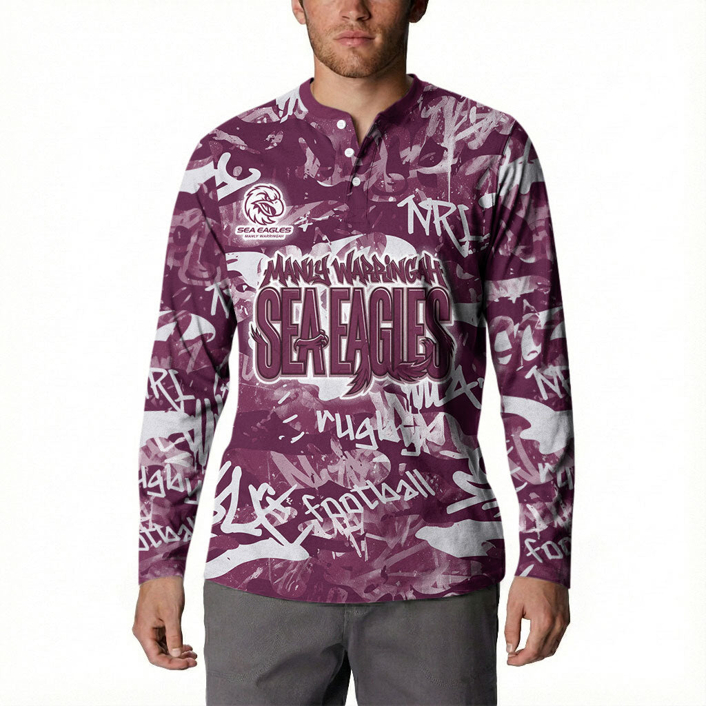 Manly Warringah Sea Eagles Rugby Button Sweatshirt Graffiti Typography Urban Camo Abstract Street Style