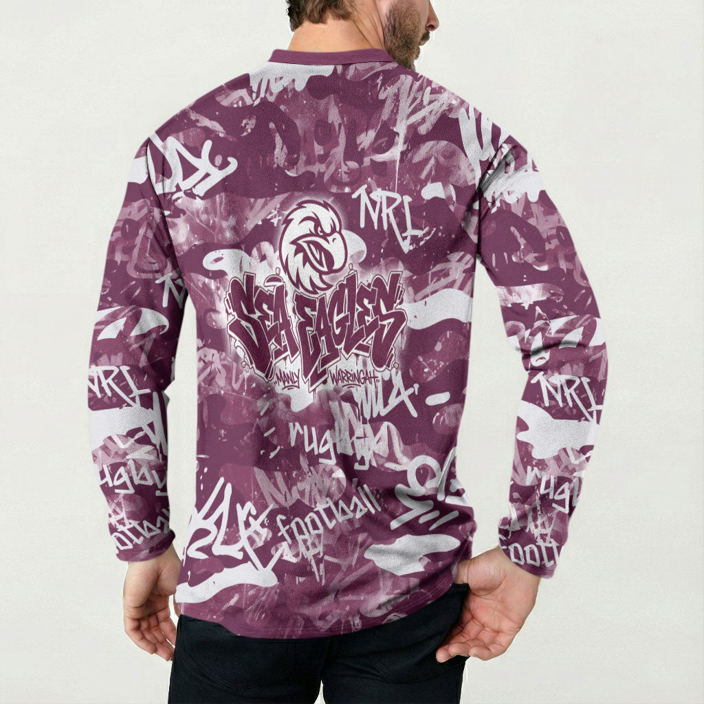 Manly Warringah Sea Eagles Rugby Button Sweatshirt Graffiti Typography Urban Camo Abstract Street Style