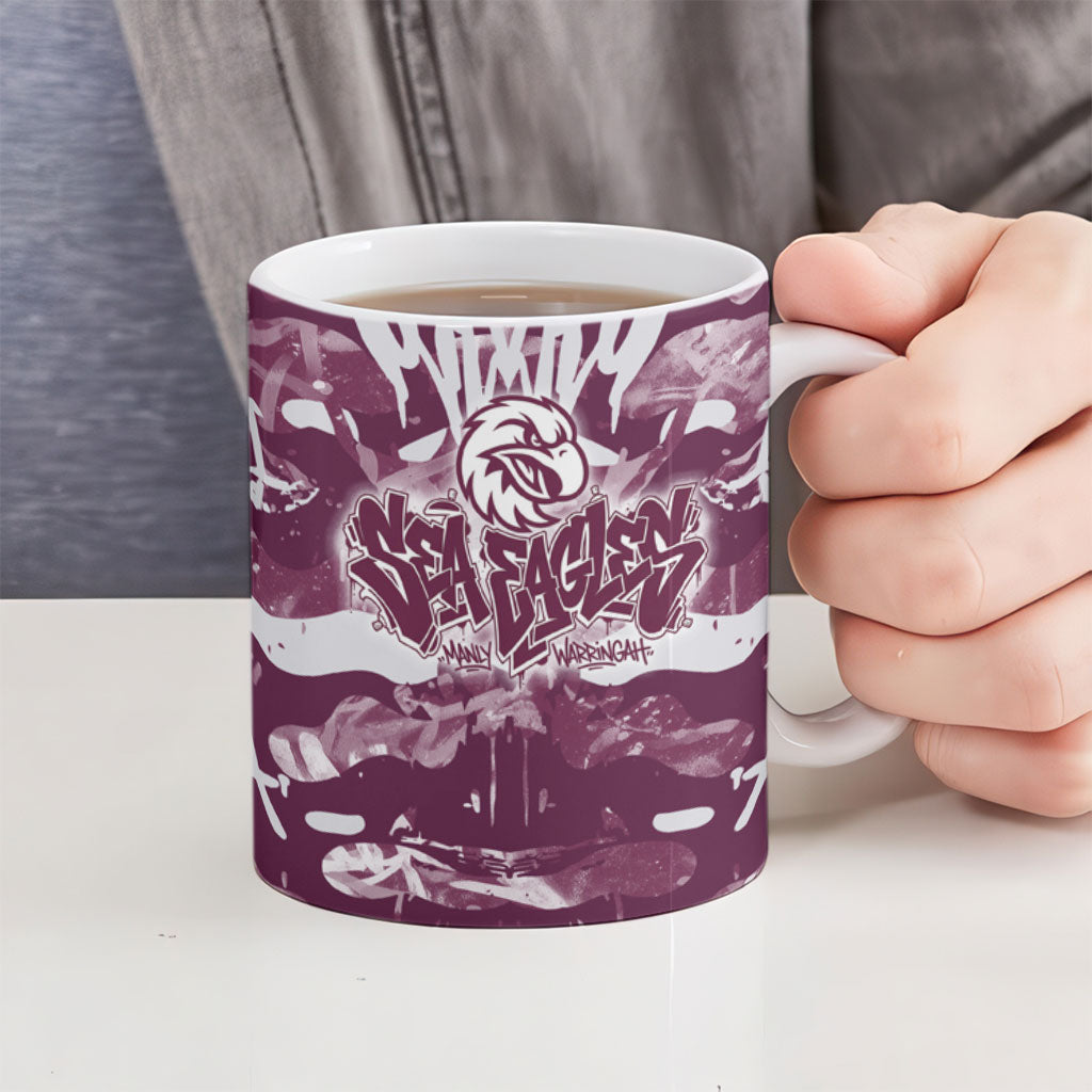 Manly Warringah Sea Eagles Rugby Ceramic Mug Graffiti Typography Urban Camo Abstract Street Style