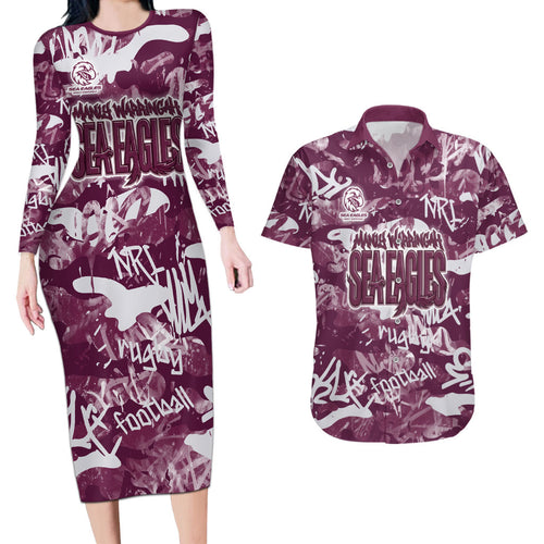 Manly Warringah Sea Eagles Rugby Couples Matching Long Sleeve Bodycon Dress and Hawaiian Shirt Graffiti Typography Urban Camo Abstract Street Style