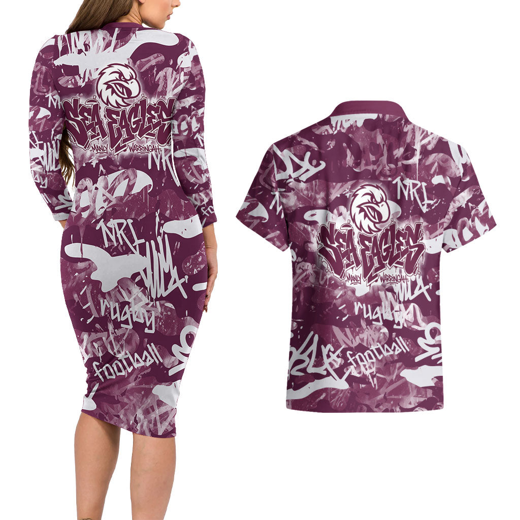 Manly Warringah Sea Eagles Rugby Couples Matching Long Sleeve Bodycon Dress and Hawaiian Shirt Graffiti Typography Urban Camo Abstract Street Style