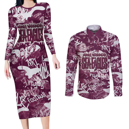 Manly Warringah Sea Eagles Rugby Couples Matching Long Sleeve Bodycon Dress and Long Sleeve Button Shirt Graffiti Typography Urban Camo Abstract Street Style