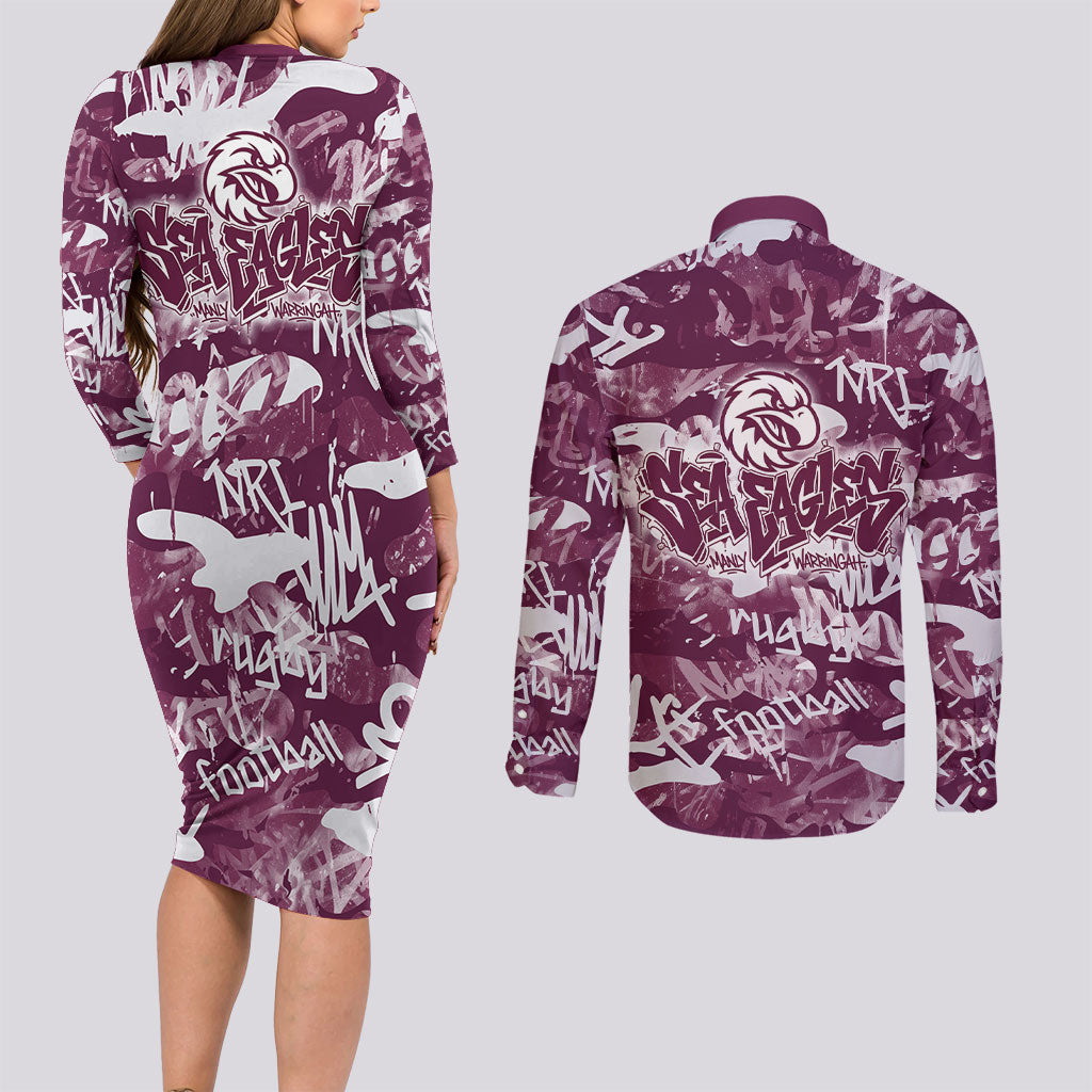 Manly Warringah Sea Eagles Rugby Couples Matching Long Sleeve Bodycon Dress and Long Sleeve Button Shirt Graffiti Typography Urban Camo Abstract Street Style