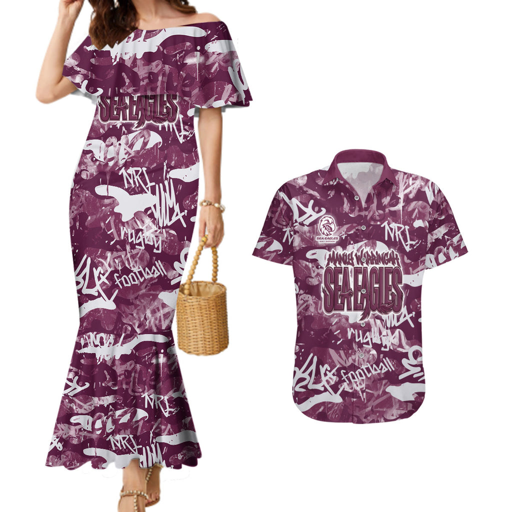 Manly Warringah Sea Eagles Rugby Couples Matching Mermaid Dress and Hawaiian Shirt Graffiti Typography Urban Camo Abstract Street Style