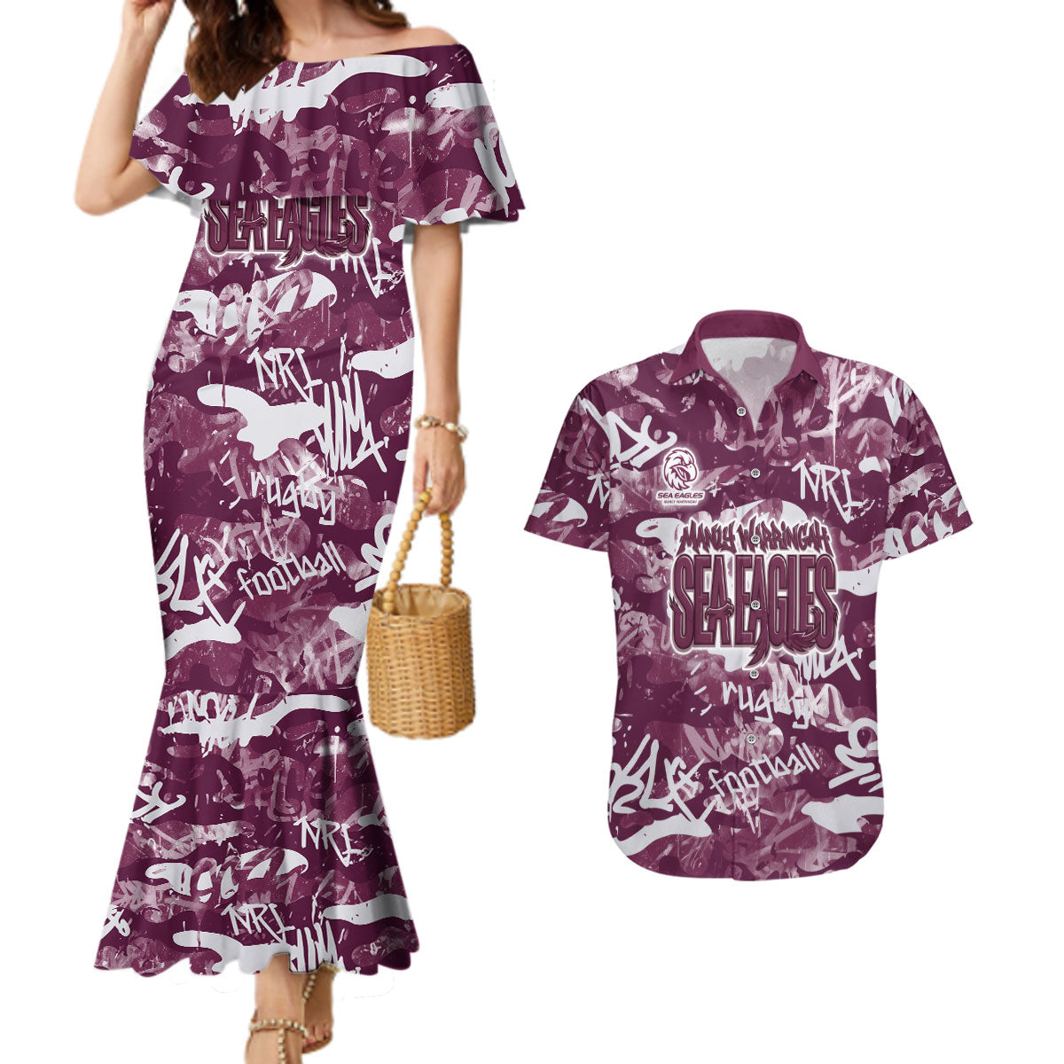 Manly Warringah Sea Eagles Rugby Couples Matching Mermaid Dress and Hawaiian Shirt Graffiti Typography Urban Camo Abstract Street Style
