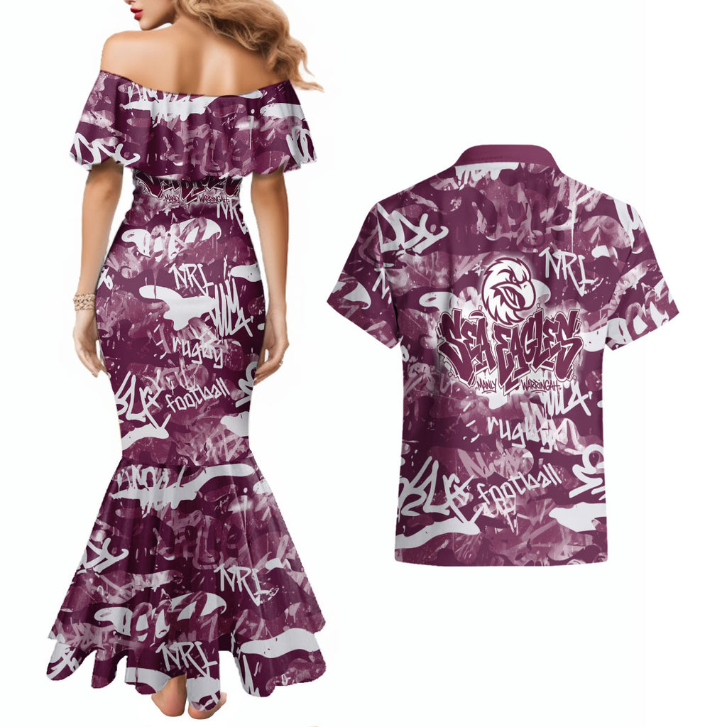 Manly Warringah Sea Eagles Rugby Couples Matching Mermaid Dress and Hawaiian Shirt Graffiti Typography Urban Camo Abstract Street Style