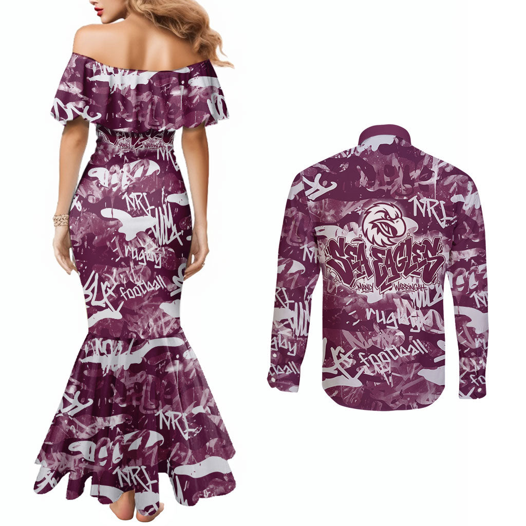 Manly Warringah Sea Eagles Rugby Couples Matching Mermaid Dress and Long Sleeve Button Shirt Graffiti Typography Urban Camo Abstract Street Style