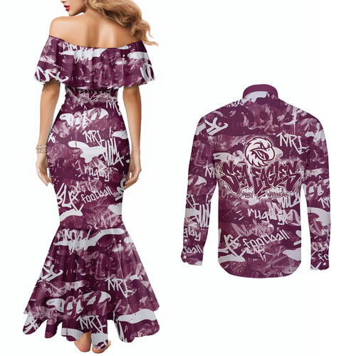 Manly Warringah Sea Eagles Rugby Couples Matching Mermaid Dress and Long Sleeve Button Shirt Graffiti Typography Urban Camo Abstract Street Style