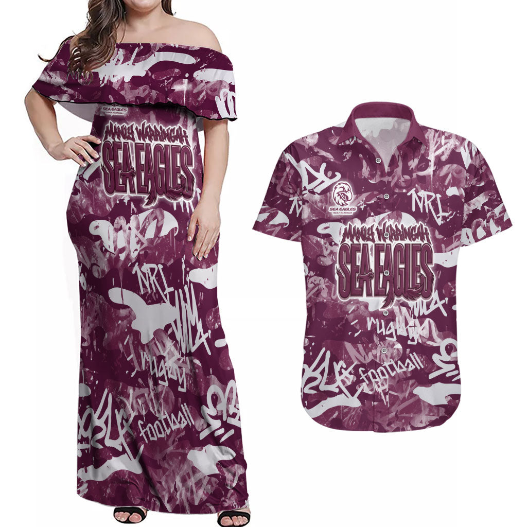 Manly Warringah Sea Eagles Rugby Couples Matching Off Shoulder Maxi Dress and Hawaiian Shirt Graffiti Typography Urban Camo Abstract Street Style
