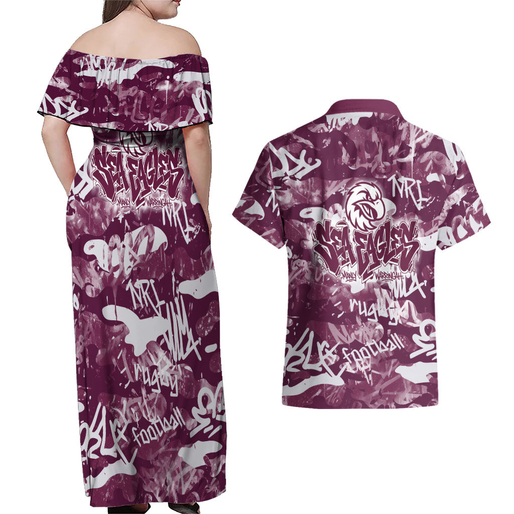 Manly Warringah Sea Eagles Rugby Couples Matching Off Shoulder Maxi Dress and Hawaiian Shirt Graffiti Typography Urban Camo Abstract Street Style