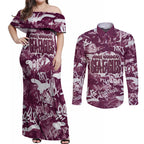 Manly Warringah Sea Eagles Rugby Couples Matching Off Shoulder Maxi Dress and Long Sleeve Button Shirt Graffiti Typography Urban Camo Abstract Street Style