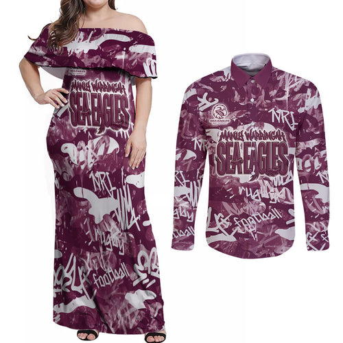 Manly Warringah Sea Eagles Rugby Couples Matching Off Shoulder Maxi Dress and Long Sleeve Button Shirt Graffiti Typography Urban Camo Abstract Street Style