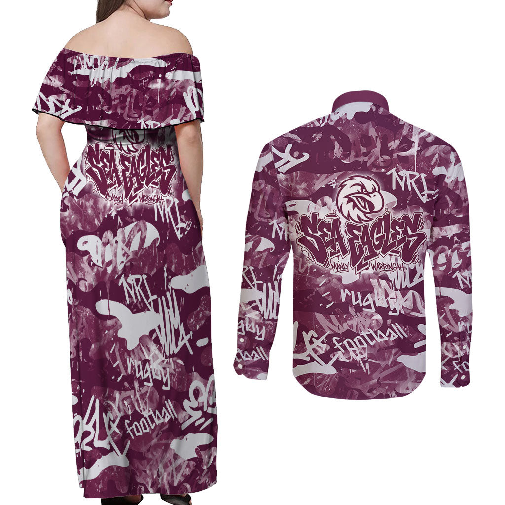 Manly Warringah Sea Eagles Rugby Couples Matching Off Shoulder Maxi Dress and Long Sleeve Button Shirt Graffiti Typography Urban Camo Abstract Street Style