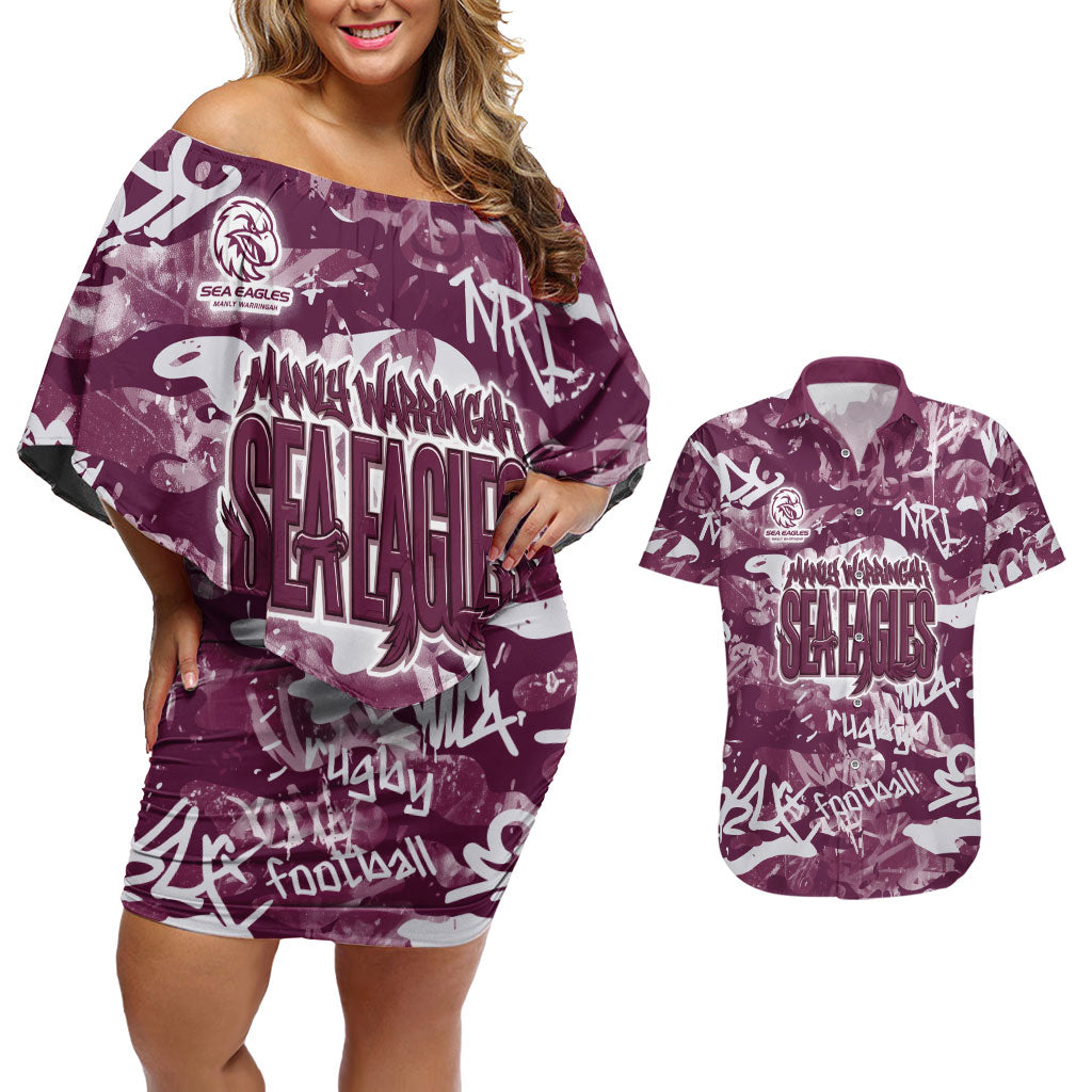 Manly Warringah Sea Eagles Rugby Couples Matching Off Shoulder Short Dress and Hawaiian Shirt Graffiti Typography Urban Camo Abstract Street Style