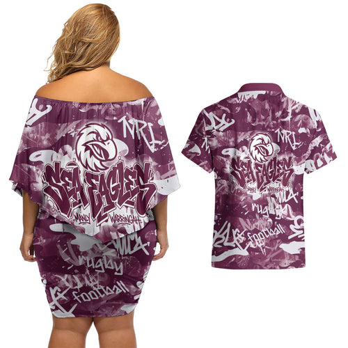 Manly Warringah Sea Eagles Rugby Couples Matching Off Shoulder Short Dress and Hawaiian Shirt Graffiti Typography Urban Camo Abstract Street Style