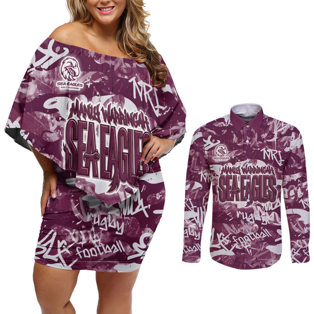 Manly Warringah Sea Eagles Rugby Couples Matching Off Shoulder Short Dress and Long Sleeve Button Shirt Graffiti Typography Urban Camo Abstract Street Style