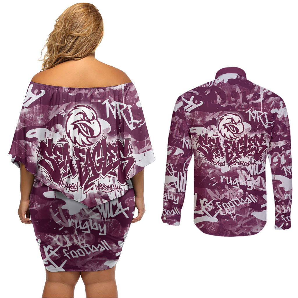 Manly Warringah Sea Eagles Rugby Couples Matching Off Shoulder Short Dress and Long Sleeve Button Shirt Graffiti Typography Urban Camo Abstract Street Style
