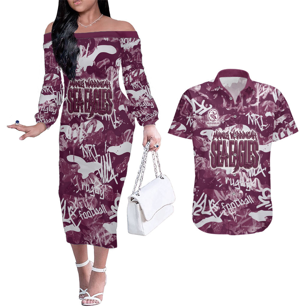 Manly Warringah Sea Eagles Rugby Couples Matching Off The Shoulder Long Sleeve Dress and Hawaiian Shirt Graffiti Typography Urban Camo Abstract Street Style