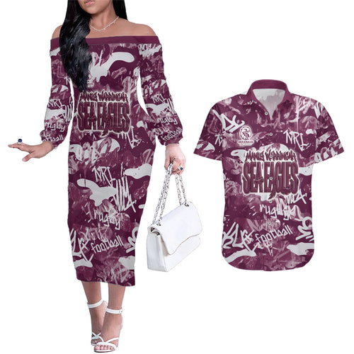Manly Warringah Sea Eagles Rugby Couples Matching Off The Shoulder Long Sleeve Dress and Hawaiian Shirt Graffiti Typography Urban Camo Abstract Street Style
