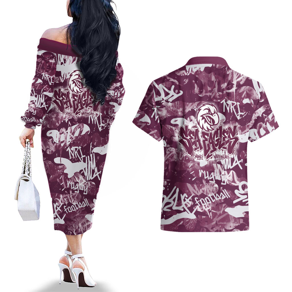 Manly Warringah Sea Eagles Rugby Couples Matching Off The Shoulder Long Sleeve Dress and Hawaiian Shirt Graffiti Typography Urban Camo Abstract Street Style