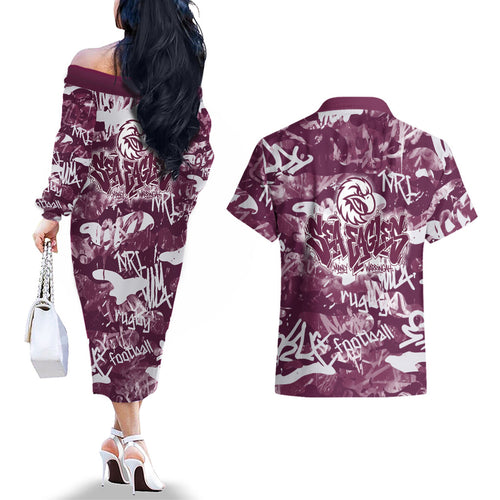Manly Warringah Sea Eagles Rugby Couples Matching Off The Shoulder Long Sleeve Dress and Hawaiian Shirt Graffiti Typography Urban Camo Abstract Street Style